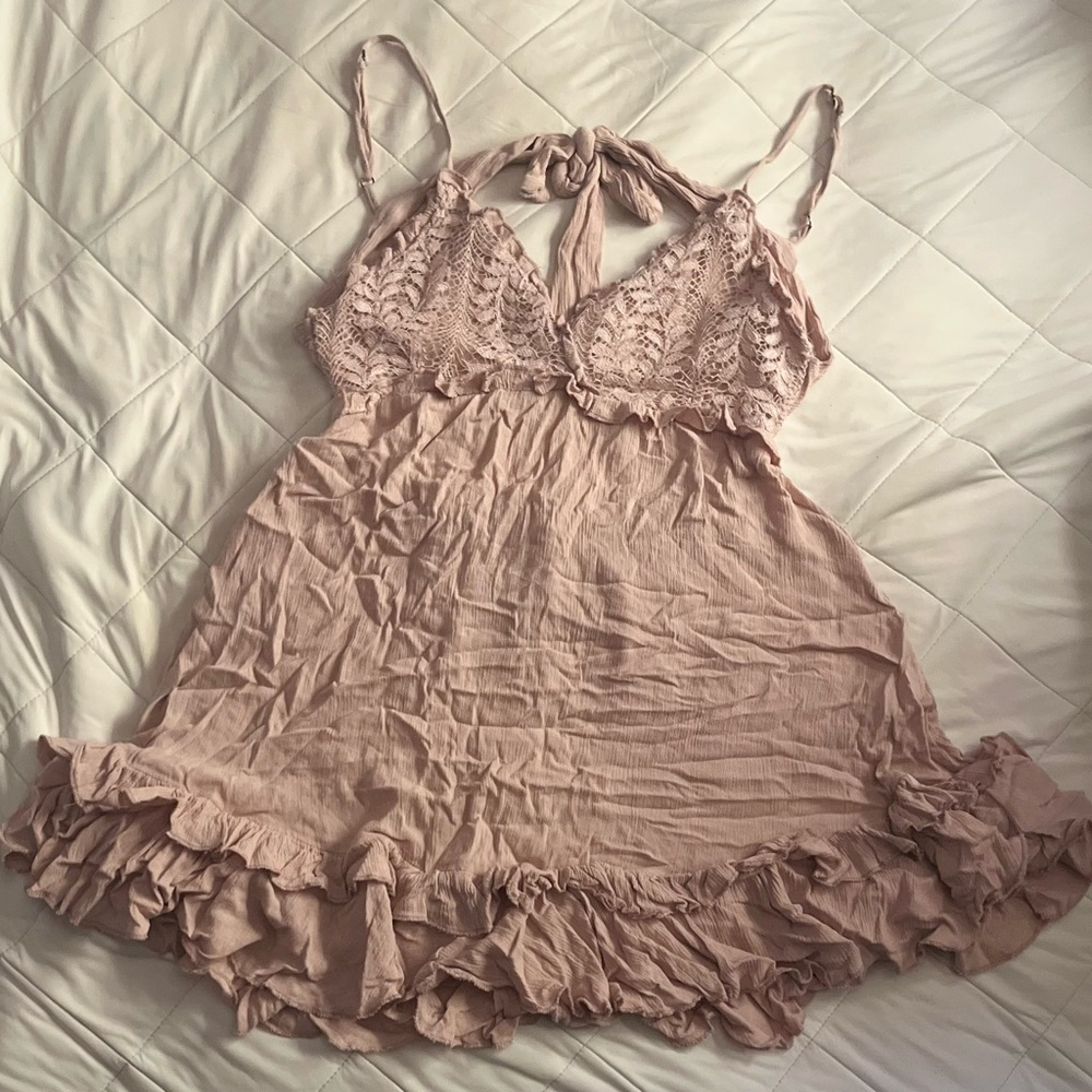 Blush Pink Crochet Lace Ruffle Backless Dress
